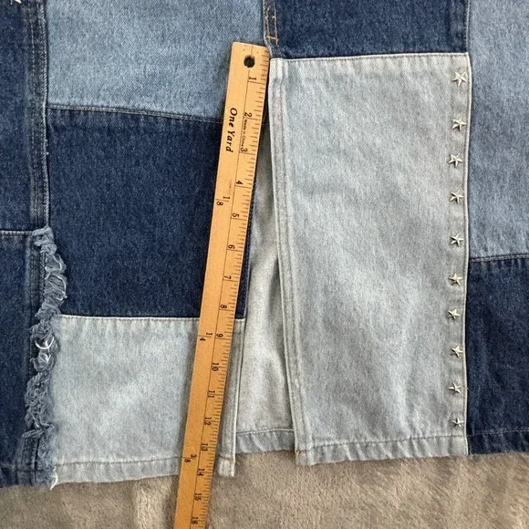 Vintage Patchwork Denim Maxi Skirt Womens 20W Star Stud Blue Front Slit Frayed - Picture 8 of 9